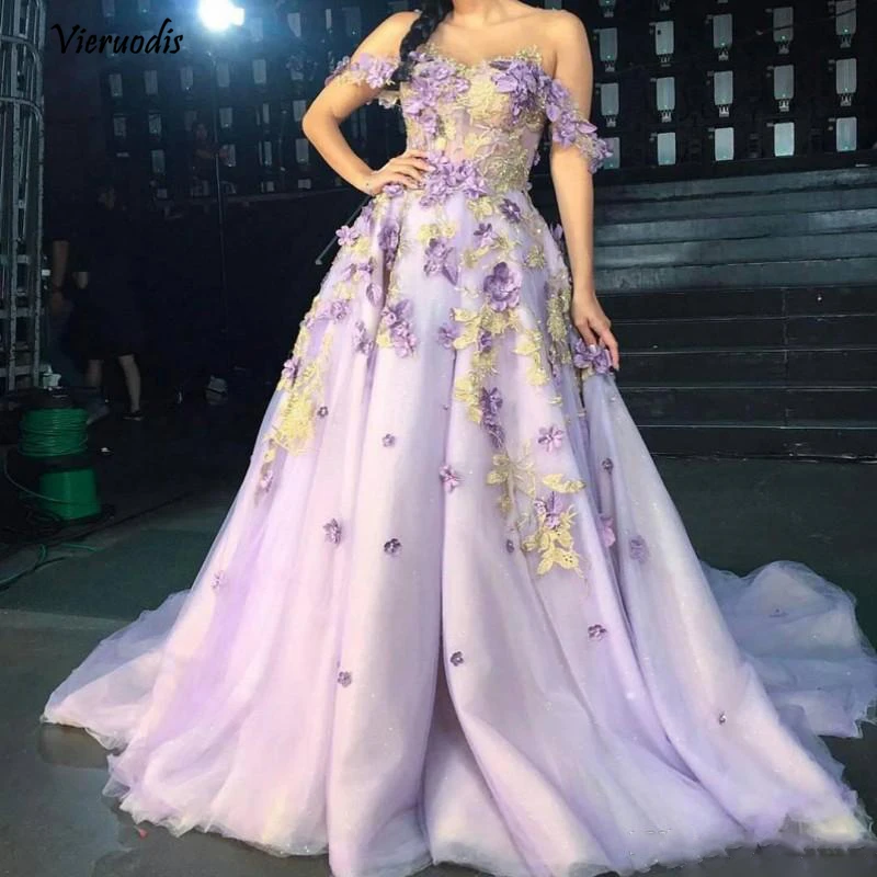 

Dreamlike 3D Flower Long Evening Dresses 2018 Lace Colorful Appliques A-line Evening Gowns Sweetheart Off Shoulder 1