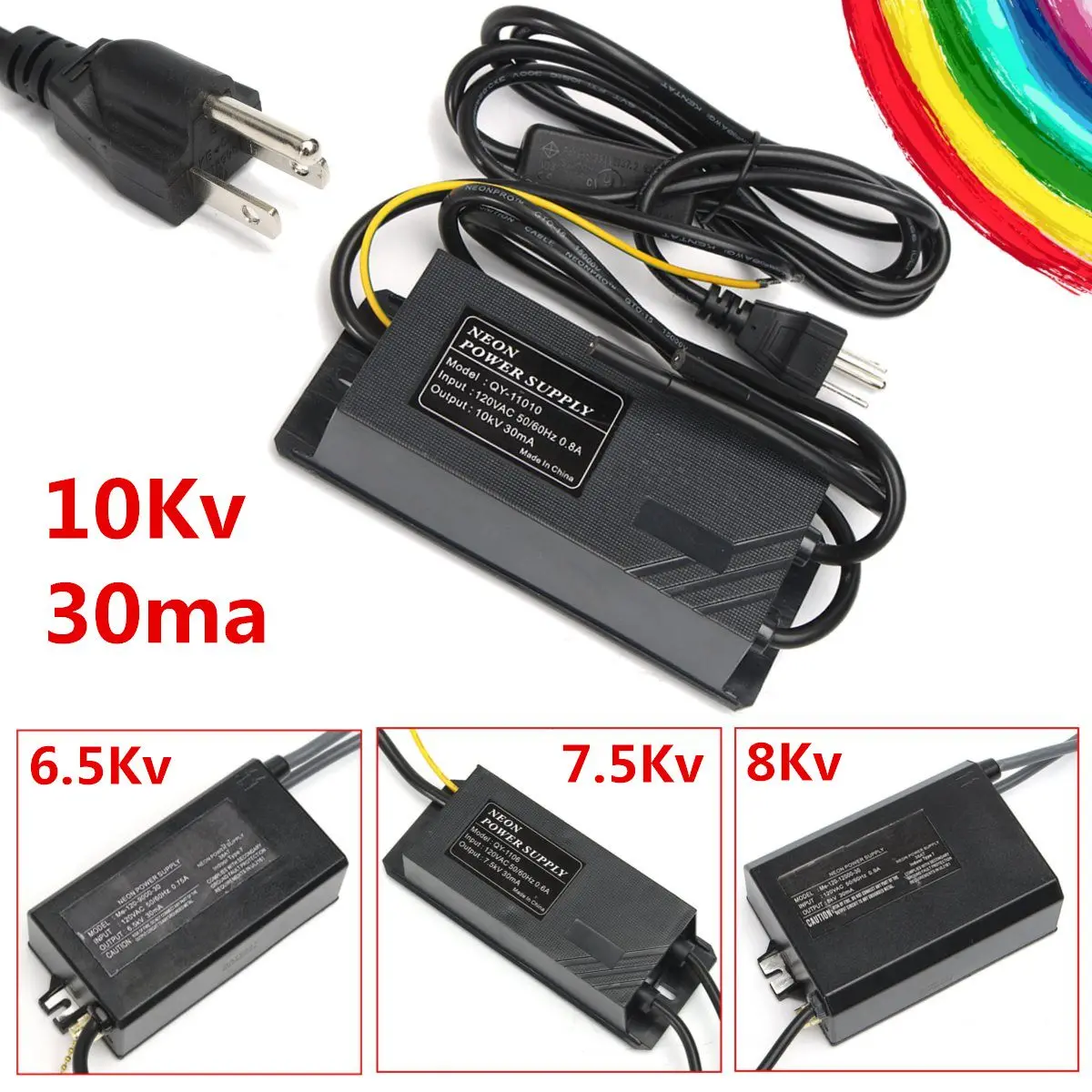 

6.5/7.5/8/10KV AC 120V 30Ma Flexible Neon Electronic Transformer Power Supply Adapter Rectifier Kit US Plug 3 Prong Grounded
