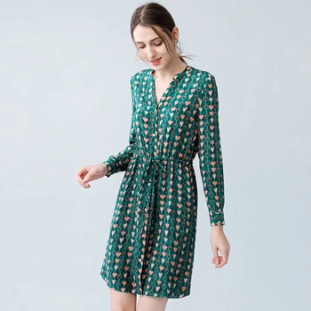 

Dress Women 100% Silk Fabric Printed V Neck Long Sleeves Elastic Waist Casual Style Dress New Fashion Spring 2019