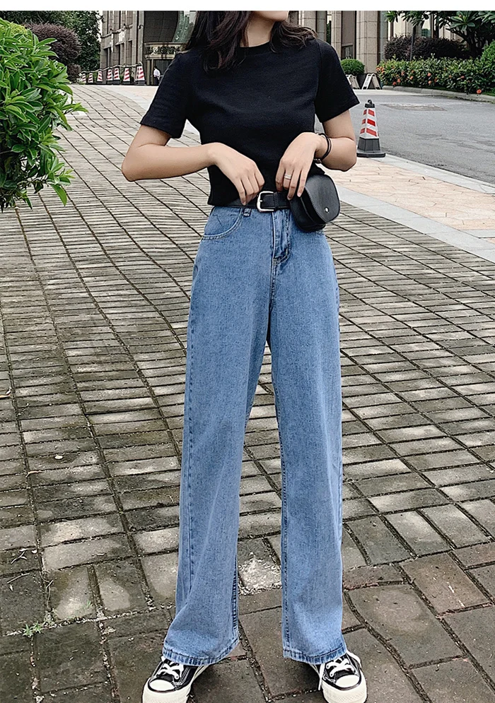 Women Denim Jeans Wide-leg Pants Straight Loose Zipper Casual High Waist Long Jeans White Blue Autumn Female Jeans S-XL