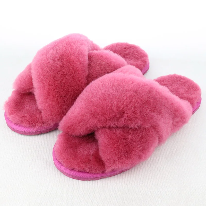 Домашние тапочки из натуральной овечьей кожи; модные зимние женские домашние тапочки; меховые тапочки; теплые меховые шерстяные тапочки; женская домашняя обувь на плоской подошве - Цвет: Peach Pink