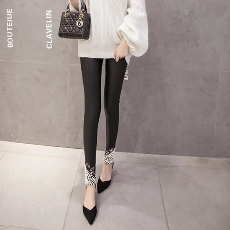 New-Brand-Women-Leggings-Faux-Leather-Thick-Warm-Legging-High-Waist-Stretch-Skinny-Beads-Pearl-Pencil (2)