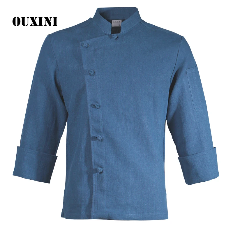 

Cotton and linen cooks clothing long sleeve blue/white shirt chef jacket restaurant workwear men women cook professional uniform
