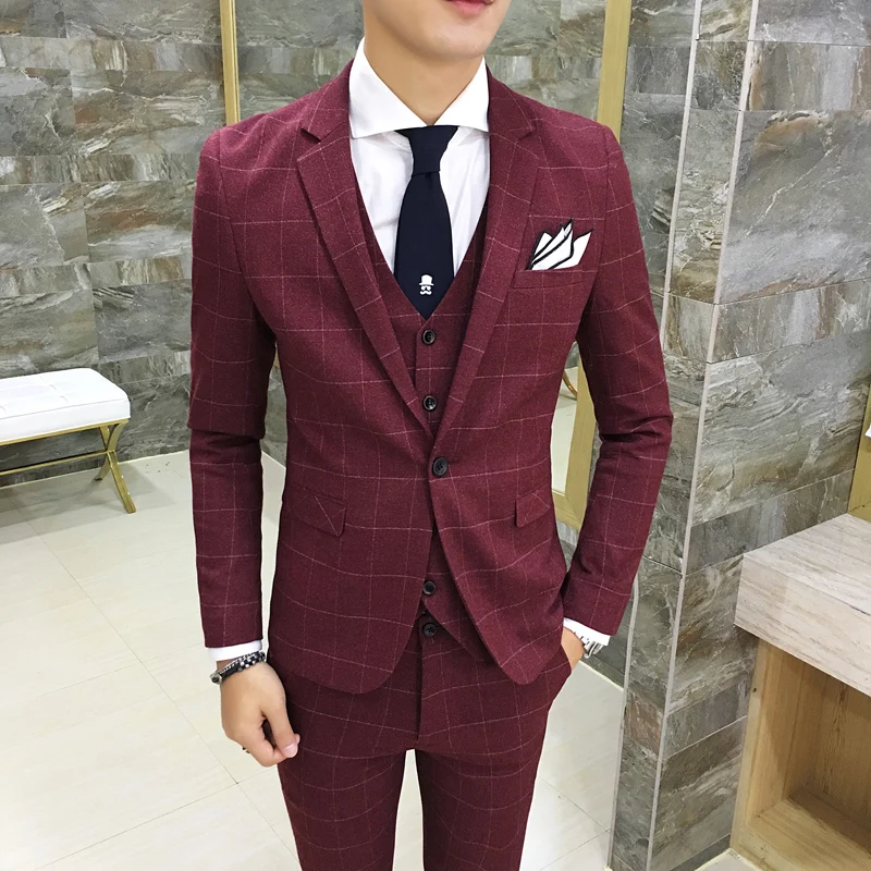 

Classic Complete Mens Plaid Suits Casual Wedding Tuxedo Skinny Prom Suits youth men 3 Pieces Jacket + Vest + Pants Suit for Men