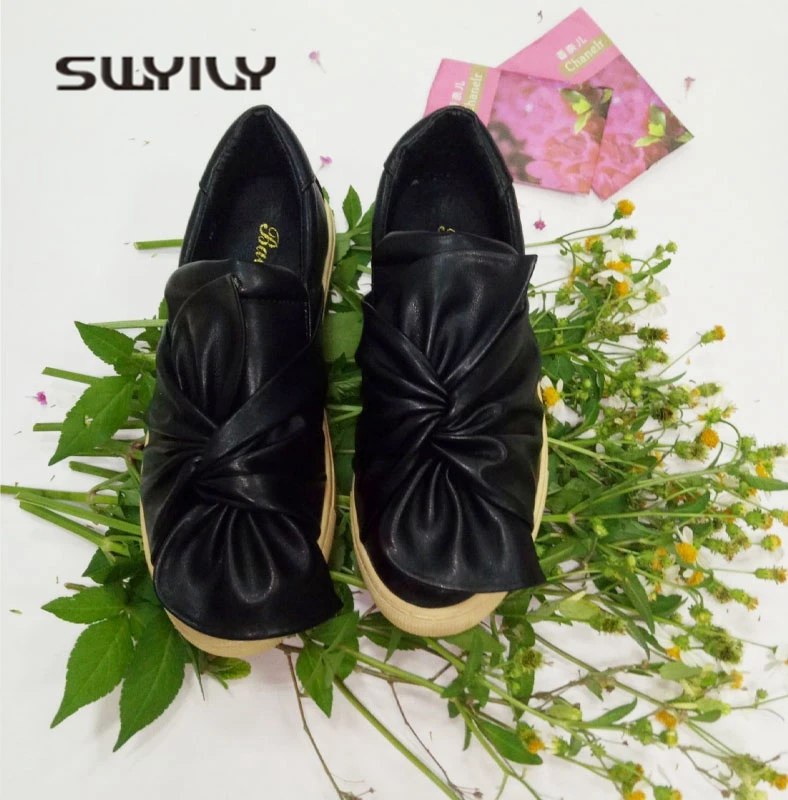 SWYIVY/женская повседневная обувь с белым бантом; сезон весна; коллекция года; женские кроссовки на плоской подошве без застежки; удобная женская парусиновая обувь для отдыха; 40 размера плюс - Цвет: black yellow bottom