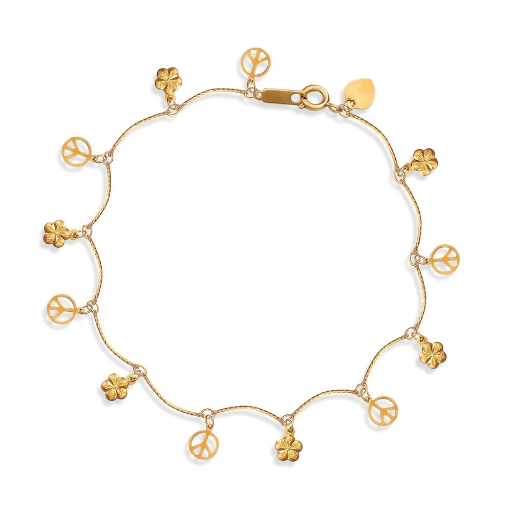 

New 18K Yellow Gold Plated Tiny Wave Chain Charm World Peace Sign Flower Anklet Bracelet Fashion Women Girls Beach Foot Jewelry