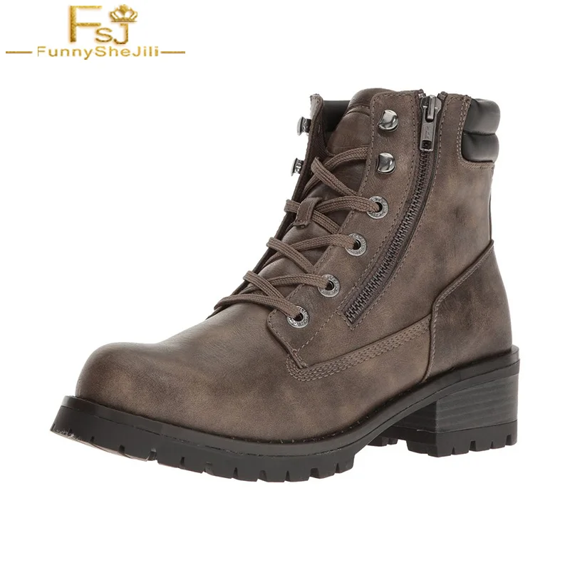 

FSJ Fashion Autumn Lace Up 2018 Ankle Boots Womens Flat Heels Shoes Casual Dress Booties Warm Martin Woman Shoes Plus Size 4-16