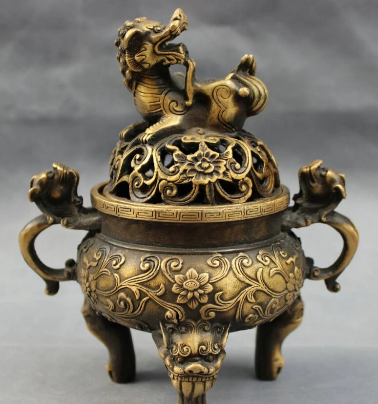 

S3827 7" Tibet Bronze Buddhist Lion Head Statue Lotus Flower Incense Burner Censer D0317