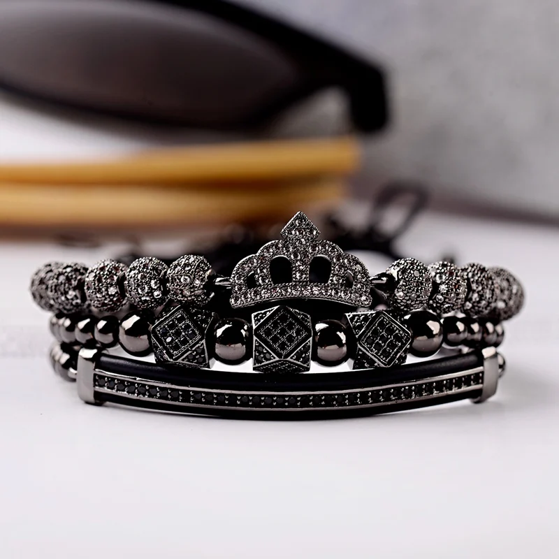 Роскошные CZ King Crown очаровательные мужские медные браслеты с бусинами макраме модные геометрические Длинные трубки набор браслеты и браслеты для женщин