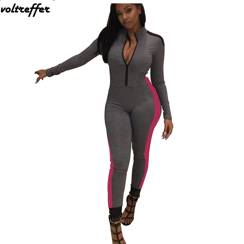 2018 Spring Grey Long Sleeve Bodycon Jumpsuit Zipper Sexy One Piece