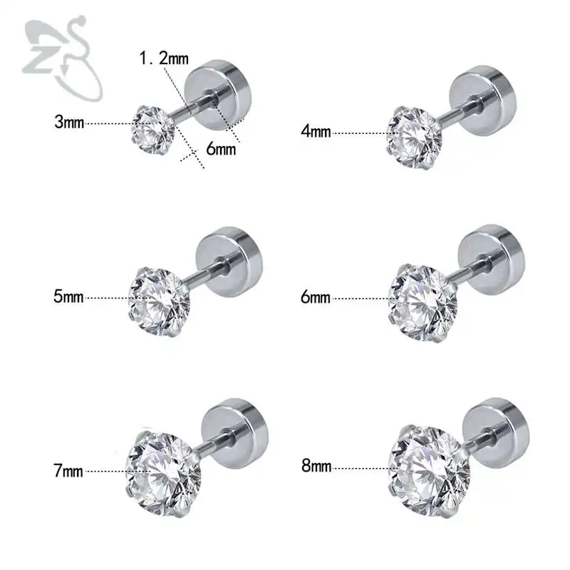ZS 6 пар/лот, серьги из нержавеющей стали для женщин, серьги-гвоздики для пирсинга хрящей, серьги-гвоздики с круглыми кристаллами для детей