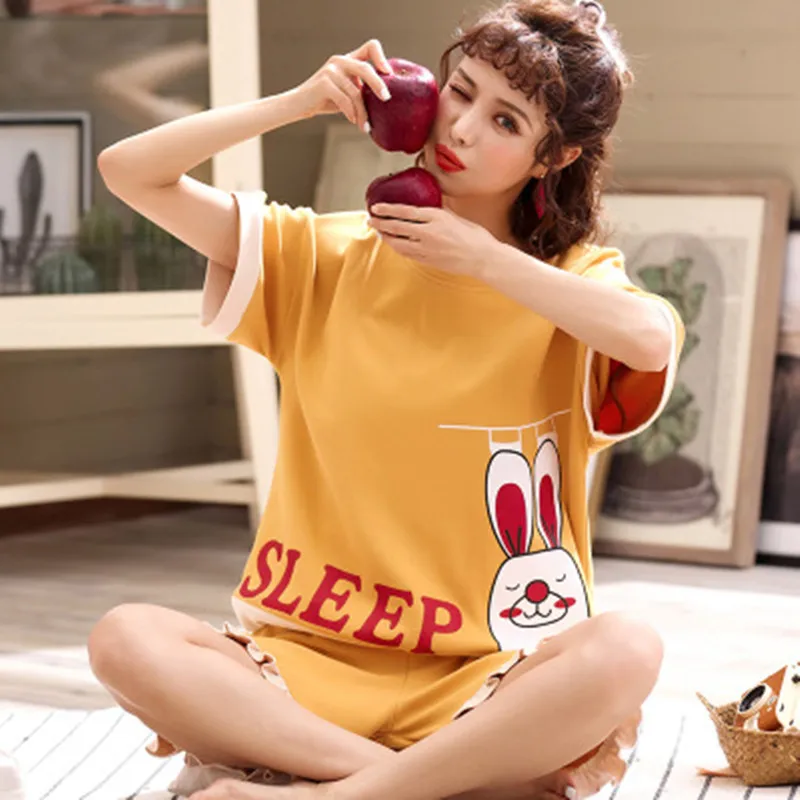 

Pajamas Set Women knitting Cotton Funny Cartoon Print Pyjamas Cute Female Stitch Shorts T-Shirt 2 Piece/Set 2019 Top Fashion