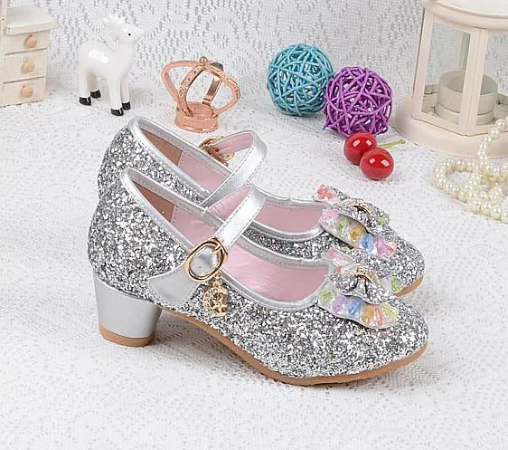 Свадебные туфли для девочек; Enfants; коллекция года; детское платье принцессы с блестками на высоком каблуке; вечерние туфли для девочек; цвет розовый, синий, золотистый - Цвет: Серебристый