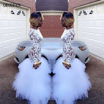 

Mermaid Prom Dresses 2019 Long Sleeves White Trumpet Sexy Women Formal Prom Evening Party Gowns vestidos de fiesta largo elegant