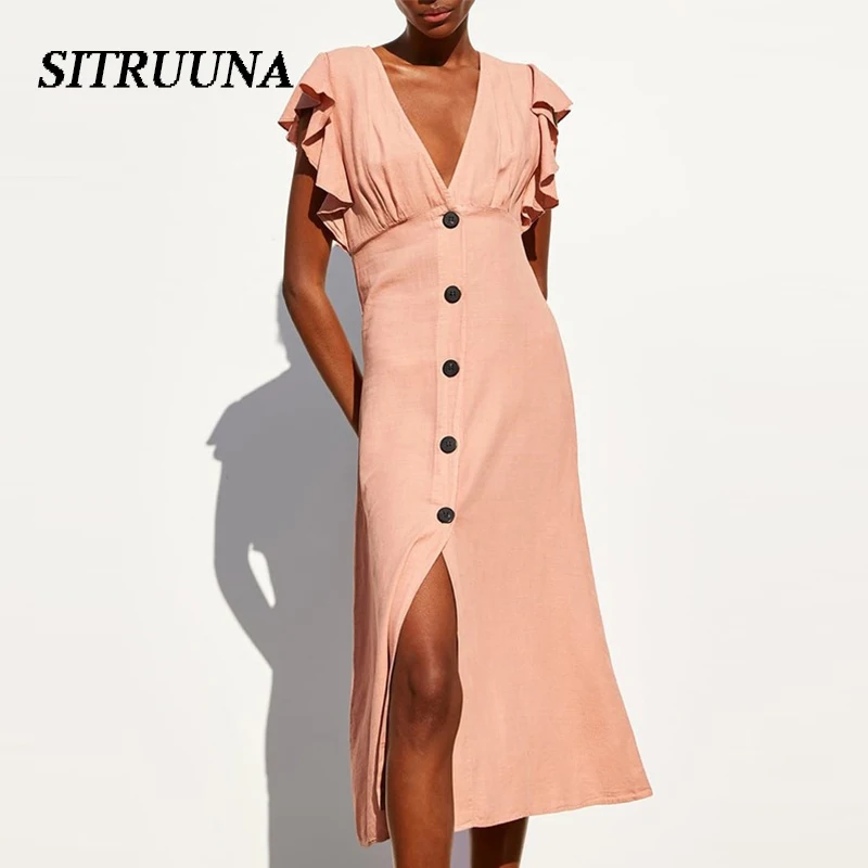 

Summer Butterfly Sleeve Midi Dress Vintage Single Breasted Female Sexy Split Dress Casual V-Neck Lady Boho Dress 2019 NEW Wonder