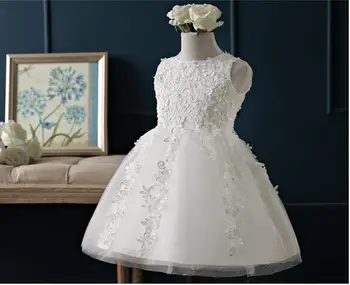 

Elegant White Beading Satin Tulle Girls Wedding Dresses Ball Gown Girl Party Birthday Dresses Baby Girl Christmas Deluxe Dress