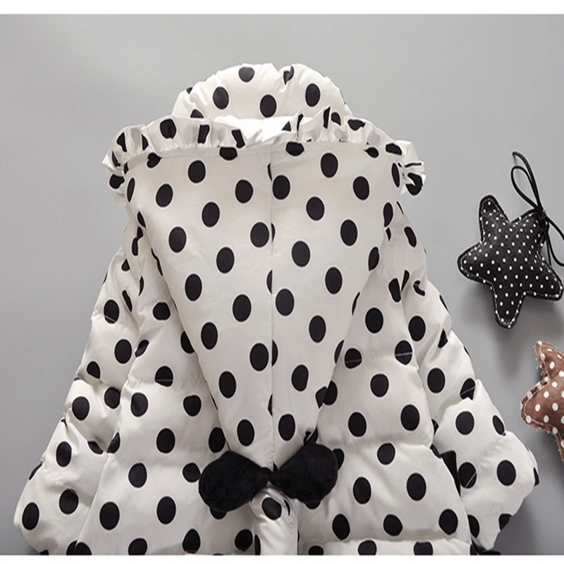 Baby girl Coat In Winter Zipper hooded Polka dot long tail hat Bow-tie pockets  cotton-padded jacket for Kids Children warmed up (33)