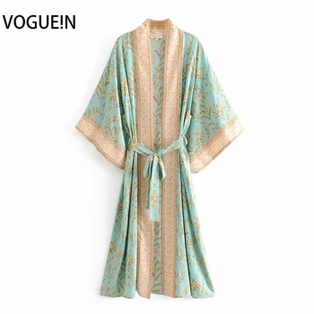 

VOGUEIN New Womens Floral Print Green Beach Belt Kimono Long Cardigan Blouse Top Shirt Wholesale