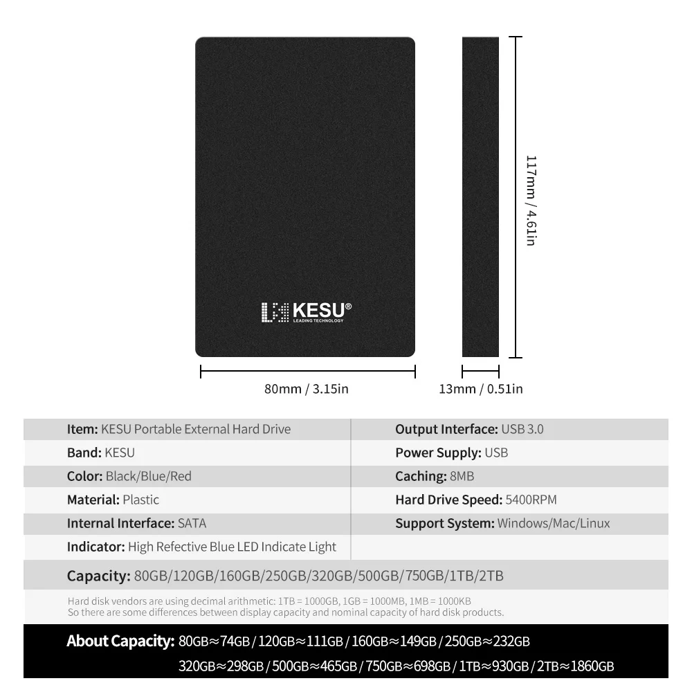 KESU 2,5 дюймов портативный внешний жесткий диск USB 3,0 HDD Внешний HD жесткий диск для ПК Mac Настольный Ноутбук сервер(черный/синий/красный