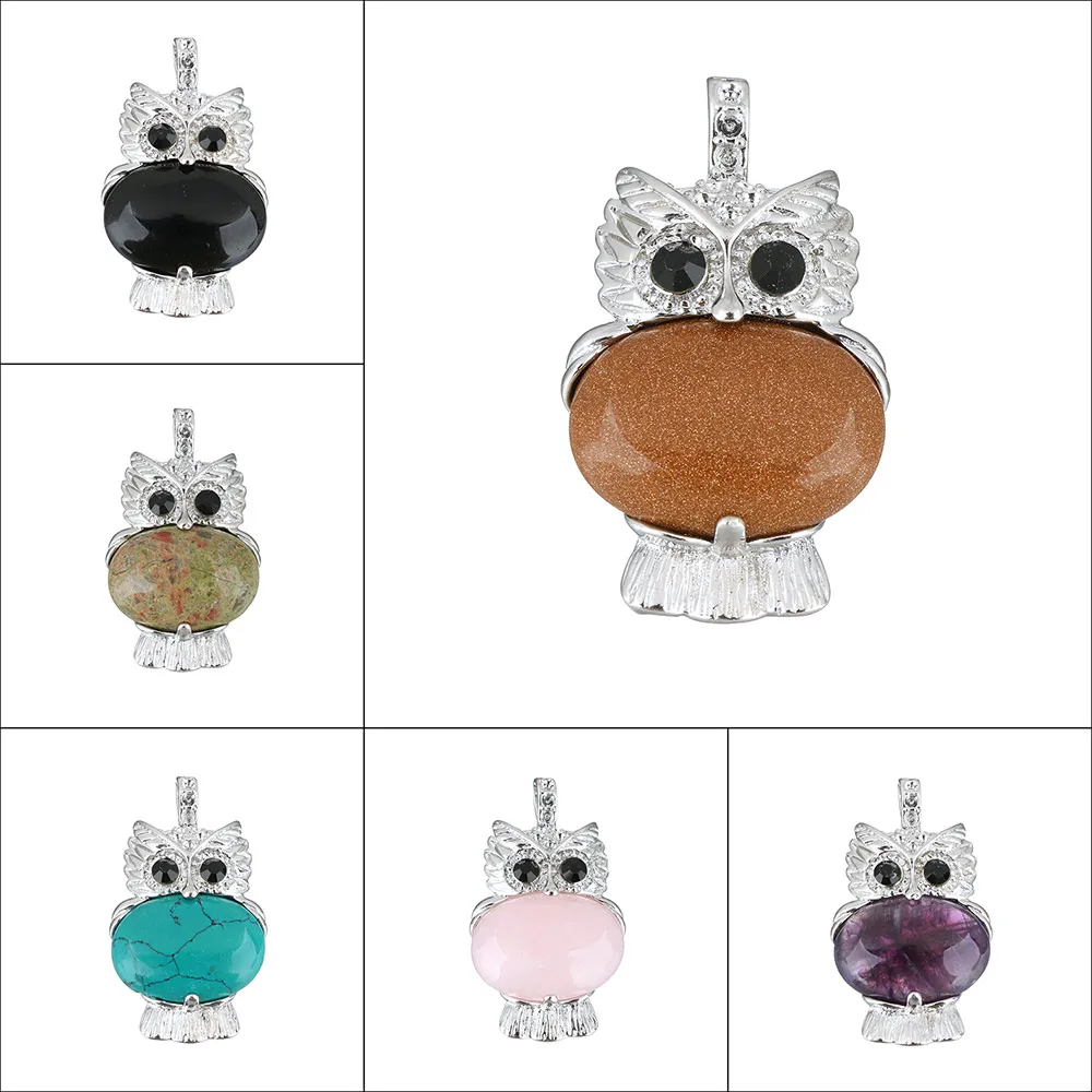 

YYW Natural Stone Pendants Jewelry Lucky Animal Owl Silver-color Clear Quartz Opal Goldsand Tiger Eye Rose Stone Pendant DIY