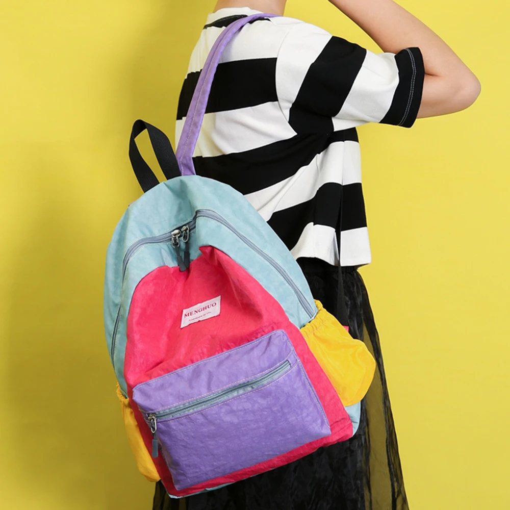 Menghuo marca 2017 mujeres preppy macarons paneles impermeable nylon mochila moda compras Bolsas de viaje mochila