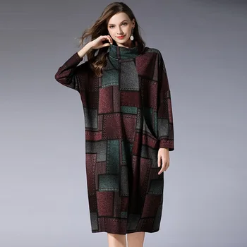 

Turtleneck Elegant Winter dress long sleeves Retro Plaid midi dress streetwear loose fit roupa feminina casual vestido plus size