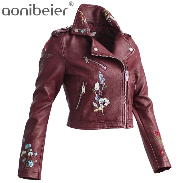 Aonibeier Vestes Manteau Zipper Broderie En Cool Veste Floral Cuir Moto Mode Survêtement Faux Rue Femmes 6Sx6FIwqr