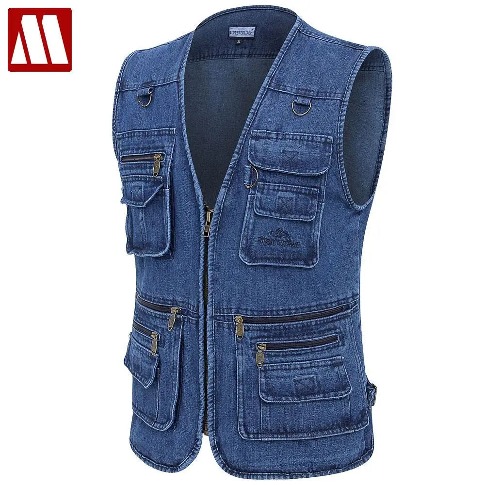 Free shipping Male Denim Vests Men 5XL 6XL 7XL Vest Mens Outdoors Cotton Multi Pocket Sleevless Jean Jacket Men Jeans Masculino