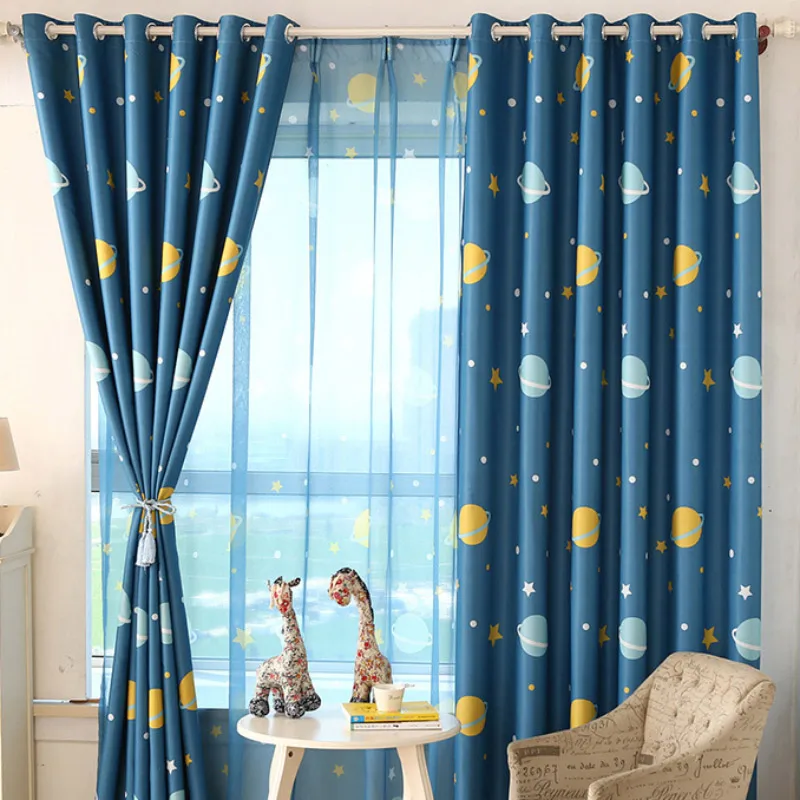 Blue Planet Printed Kids font b Curtains b font For Boy Bedroom Children Room Window Sheer