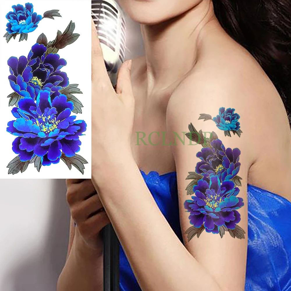 

Waterproof Temporary Tattoo Sticker Blue Rose Peony Flower Fake Tatto Flash Tatoo leg Arm hand foot tatouage for Girl Women lady