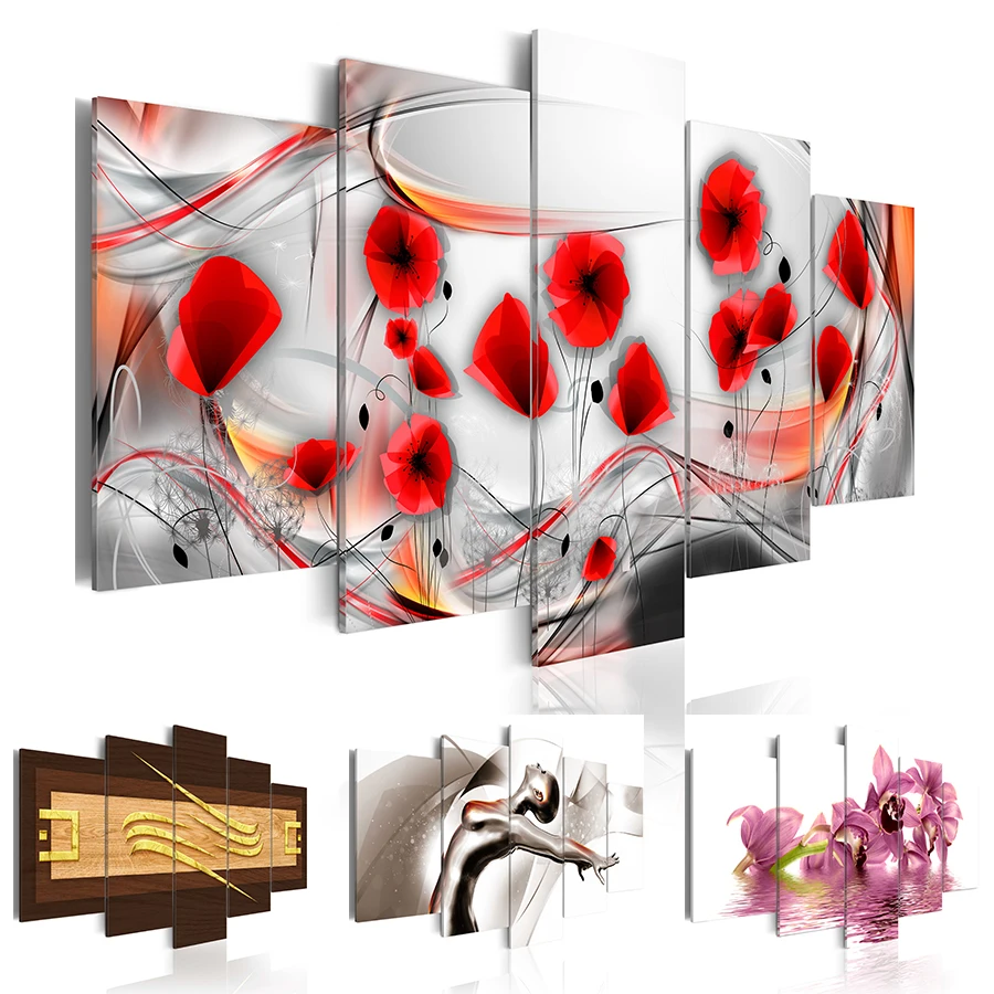 

5 Panels Modern Canvas Prints Artwork Beautiful Poppy Flower Abstract Dancer Canvas Painting Wall Art Home Decor No Frame