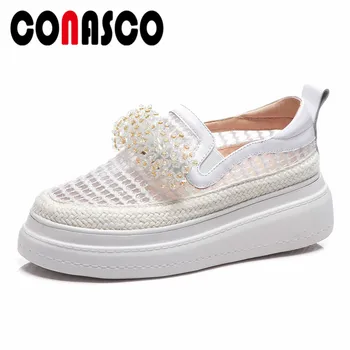 

CONASCO Summer New Fashion Concise Women Flats Genuine Leather Mesh Comfortable Breathable Casual Shoes Woman Round Toe Sneakers