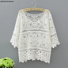 Qiukichonson винтажный крючок цветок выдалбливают размера плюс футболка Женская Летняя трикотажная хлопок тройники Половина рукава o-образный Вырез Свободный короткий топ