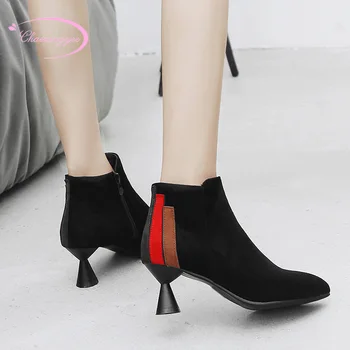 

European casual style round head ankle boots fashion zipper color matching black brown high heel thick women's riding boots