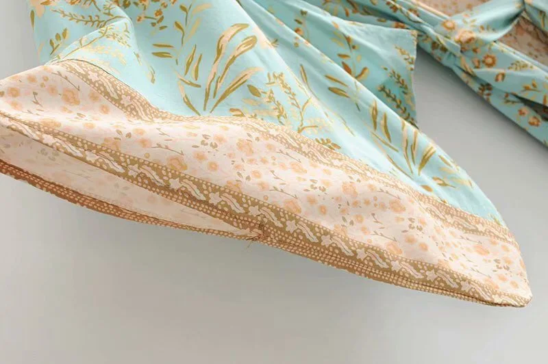  2019 Bohemian Turquoise Floral Print Long Kimono Shirt Ethnic New Women Lacing up Bow Sashes Long C