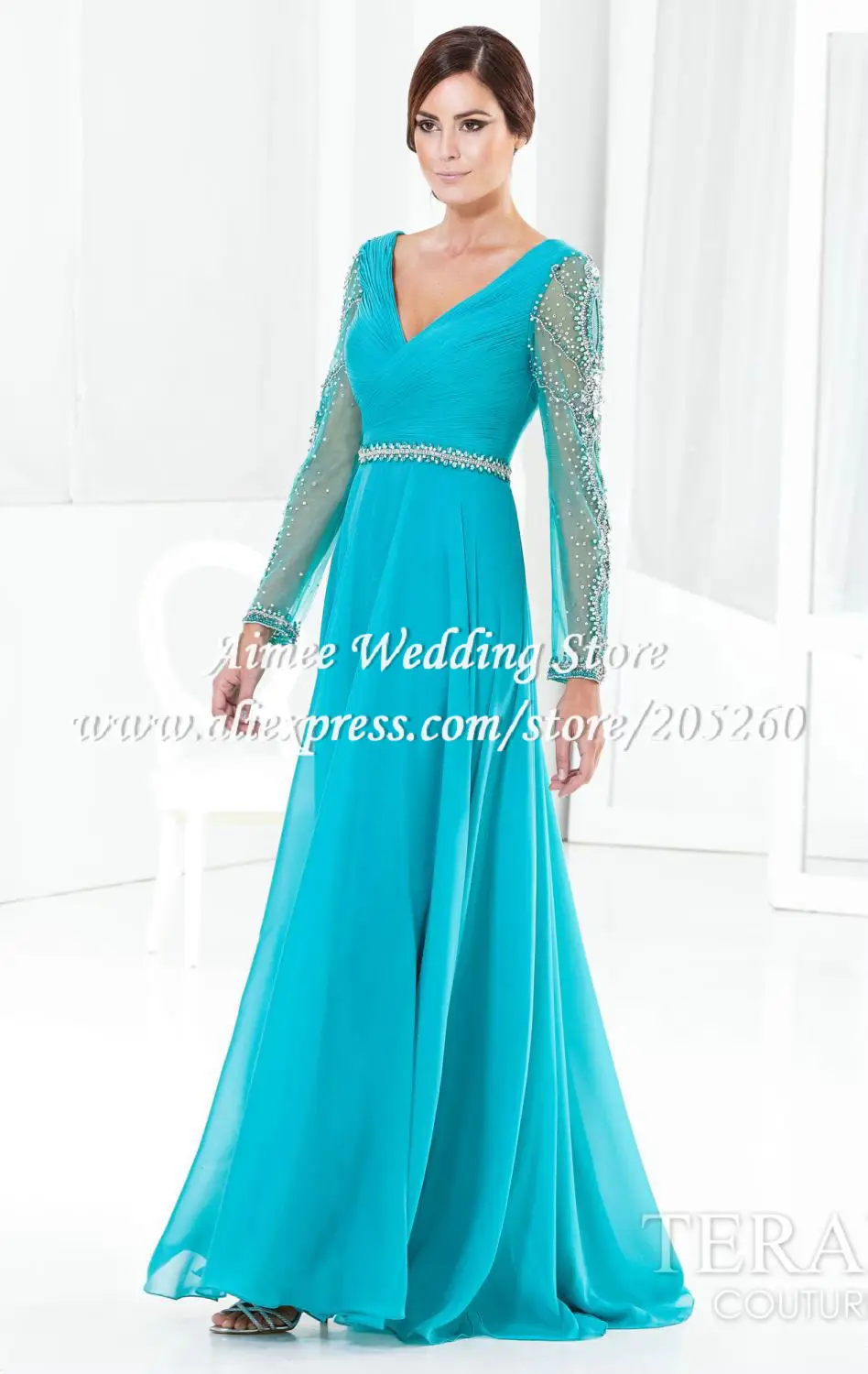 long sleeve blue evening gown