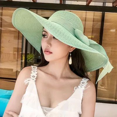 Женские летние шляпы с бантом, новые брендовые соломенные шляпы для женщин, пляжные шляпы от солнца, широкополая шляпа от солнца, Chapeau Femme, Chapeu De Praia - Цвет: Mint Green