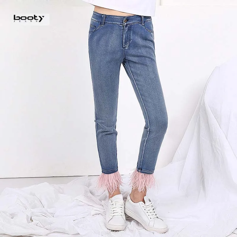 

Bootyjeans Brand High End Spring and Summer 2017 European Style Women's Feather Ankle-length Jeans Female Thin Slim Pencil Pants