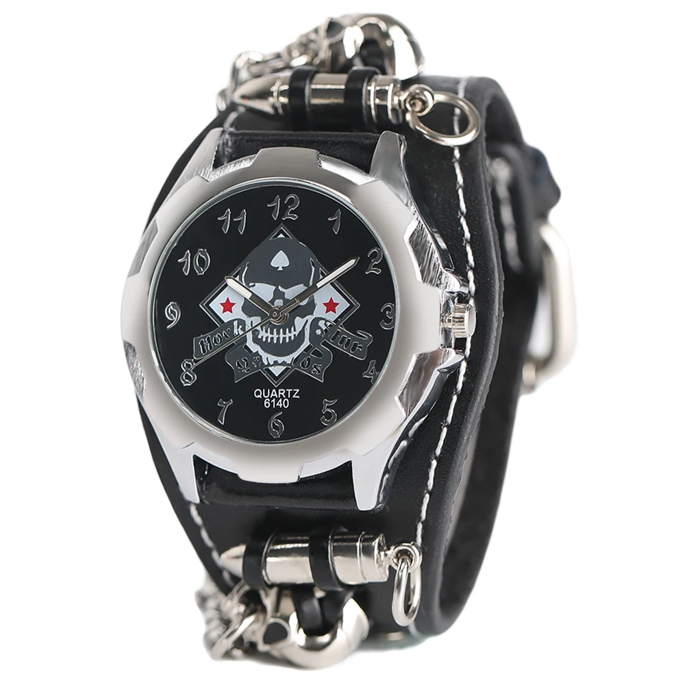 Gothic Style Rock Wrist Watch Sport Bullet Chain Skull Quartz Watches Cool Mens Leather Band Strap With Steampunk Bracelet Gift 1 (16)