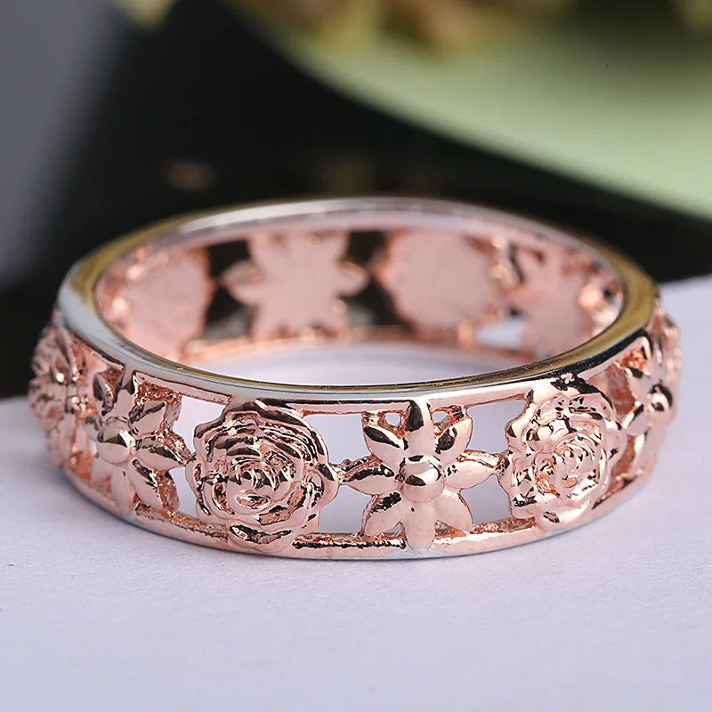 Retro ring Rose Flower Crystal Engagement Ring Bands Party rose gold