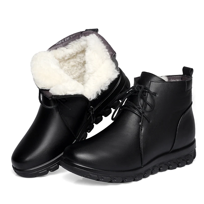

2018 New Winter Snow Boots Women Retro Lace Cowhide Leather Shoes Woman Boots Warm Wool Comfortable Cotton Shoes Ankle Boots