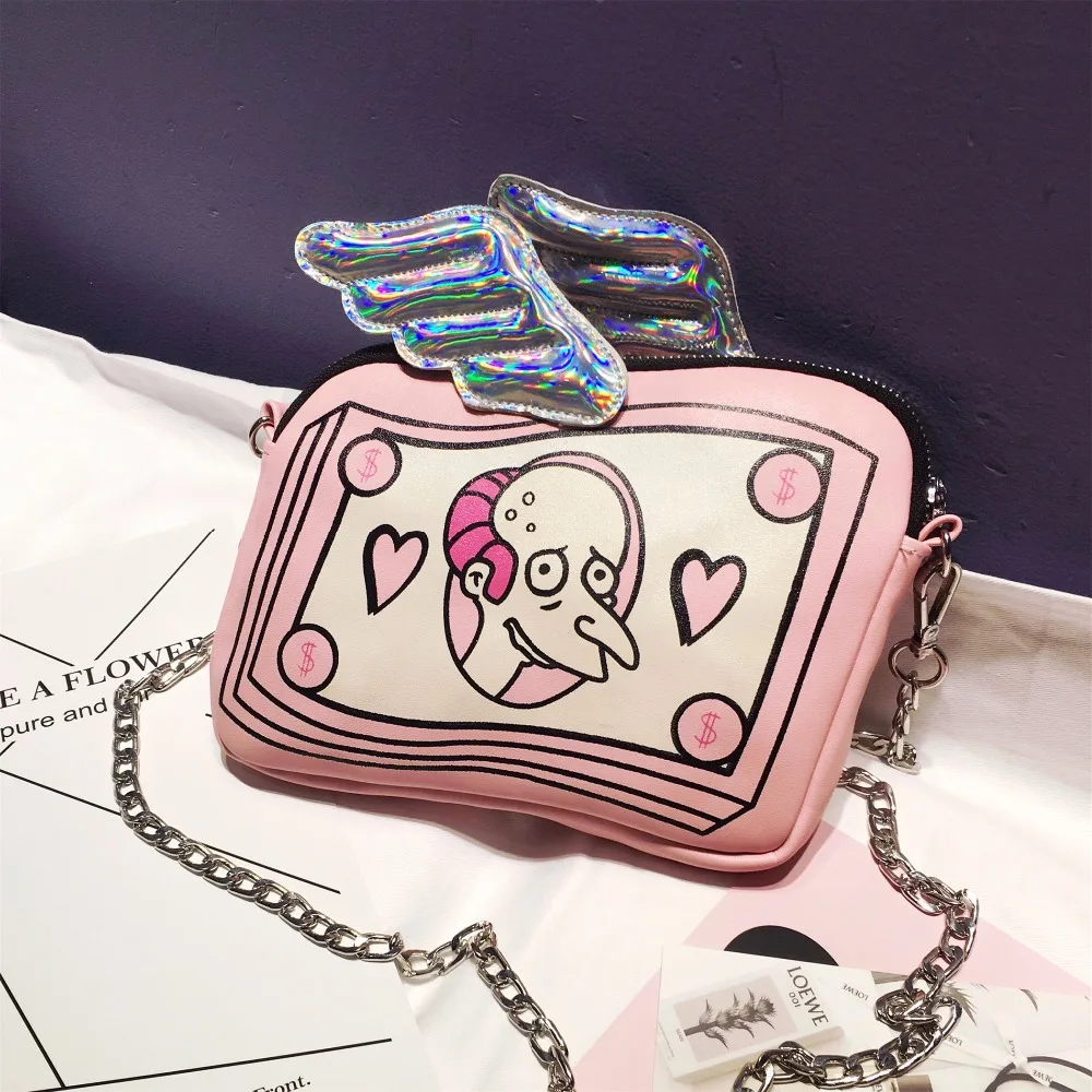 

Women Bag 2017 News Pring And Summer Lolita Cartoon Shoulder Bag Printing Pink Wing PU Messenger Bag Leisure College Handbag