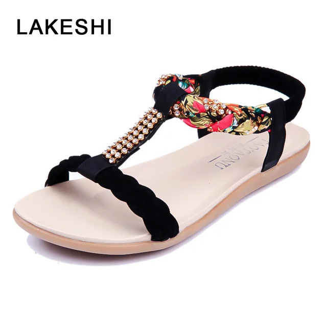 LAKESHI Women Sandals Fashion Flip Flops Women Shoes Crystal Floral Ladies Sandals 2018 Summer Flat Shoes Bohemian Beach Sandals