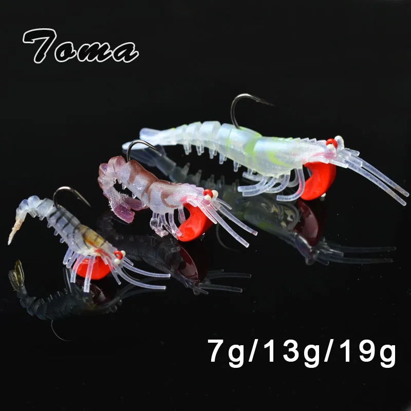 TOMA 3PCS/lot Soft Shrimp Fishing Lures Artificial Shrimp Baits 7g/10g/13g/19g Colors Soft Lure Bionic Bait With Lead Hook