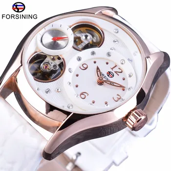 

Forsining Luxury Brand Relogio Tourbillion White Leather Women Casual Watches Clock Female Fashion Dress Rhinestone Wristwatches