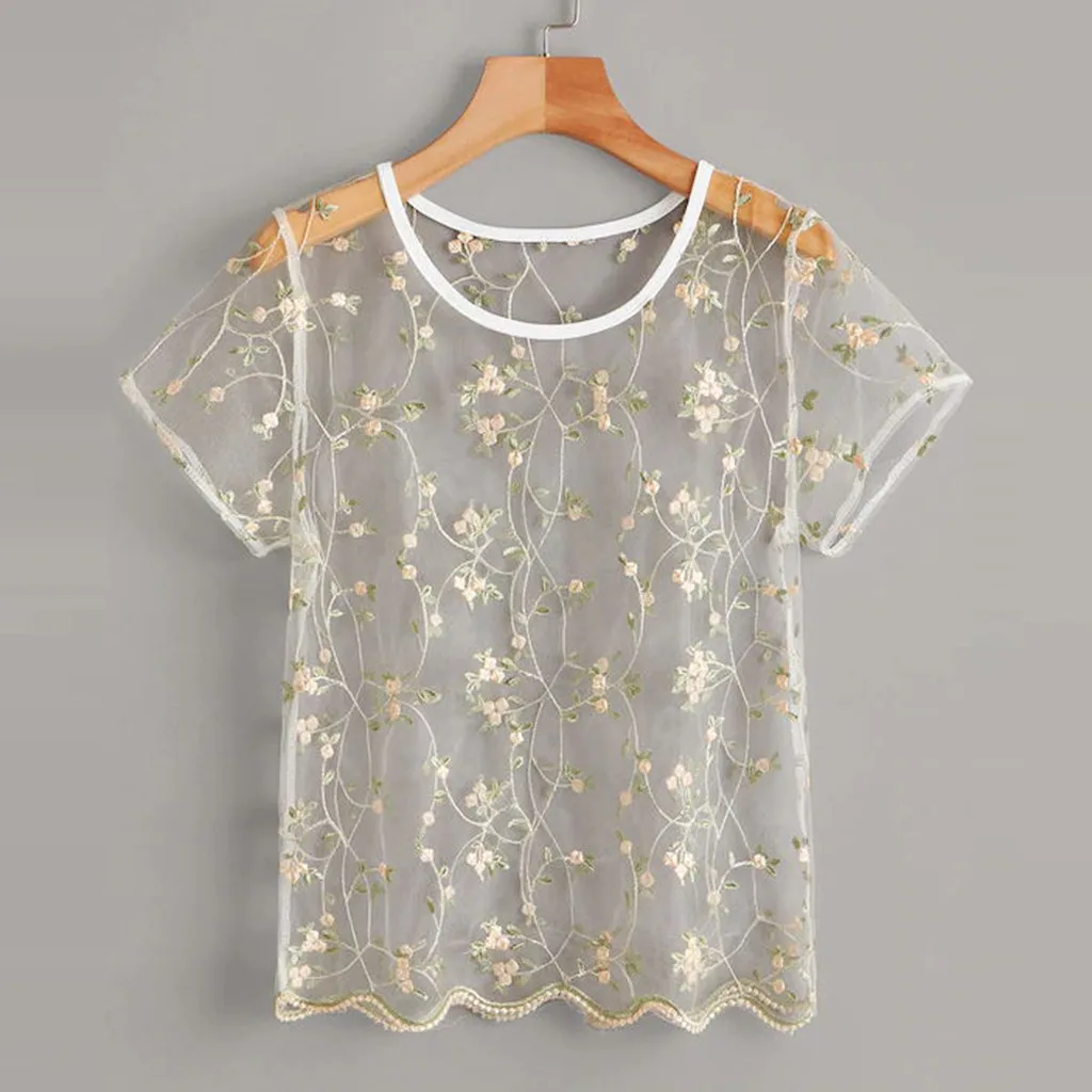 

Casual flower Embroidery Short Sleeve O-Neck Top Blouse Bohemian mesh sexy cut top female summer round neck short sleeve