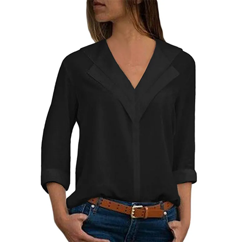 

White Blouse Long Sleeve Chiffon Blouse Double V-neck Women Tops and Blouses Solid Office Shirt Lady Blouse Shirt Blusas Camisa