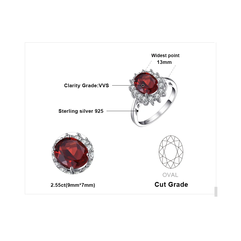Jewelrypalace Принцесса Диана 3.4ct натуральный красный гранат кольцо 925 серебряное Для