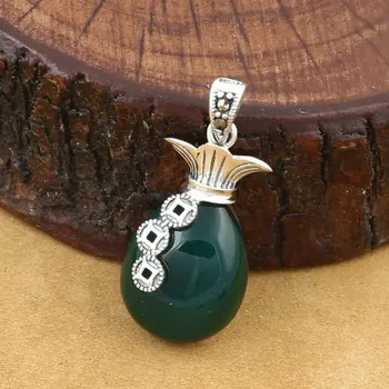 

FNJ Green Stone Pendant 925 Silver Hang Lucky bag MARCASITE Pure Original S925 Thai Silver Pendants Women for Jewelry Making