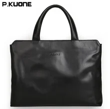2017 new arrived P KUONE Briefcase Business Shoulder Genuine Leather Messenger Bags Multifunction Computer Laptop Men
